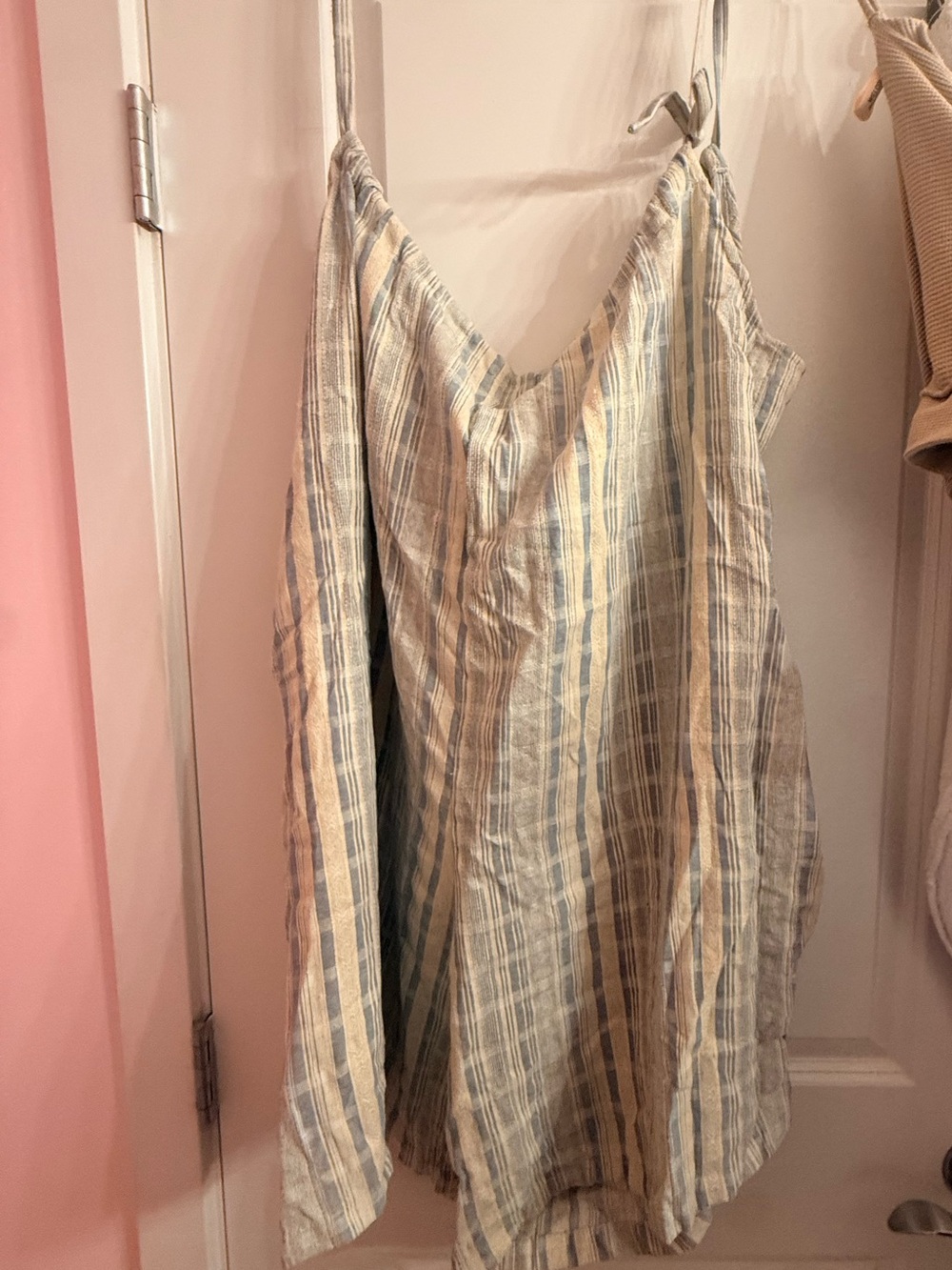 Striped Blue and Cream Linen Romper Dress